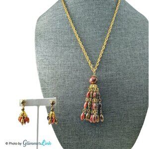 Vintage Hong Kong Pink Green Beaded Tassel Pendant Necklace Set